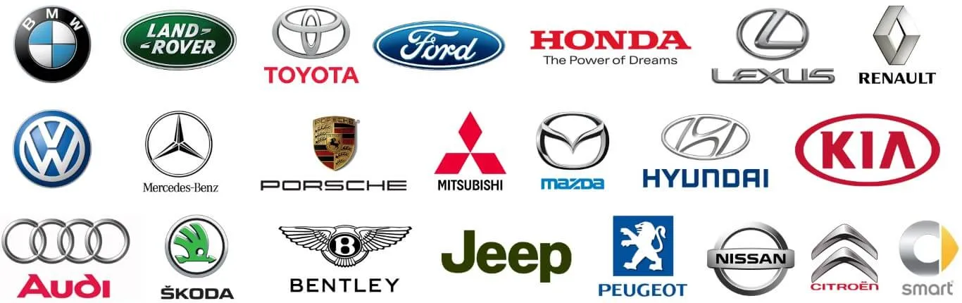 Logos of car brands we work on, including BMW, Mercedes-Benz, Audi, Ford and Land Rover